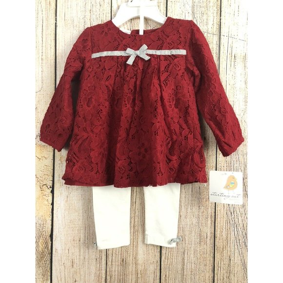 NWT Starting Out Baby Girl 2 piece‎ Holiday 9 months Red Lace Top White Leggings - Picture 2 of 9